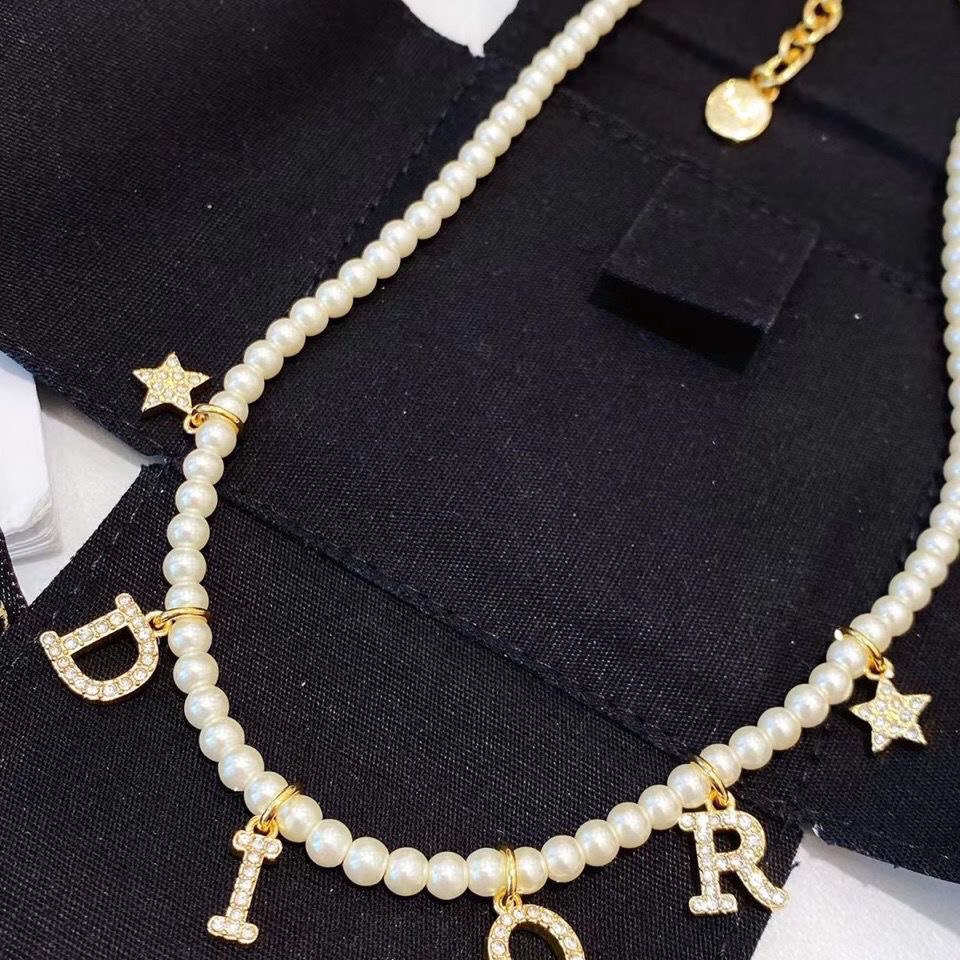 Dior Pearl Letter Charm Necklace